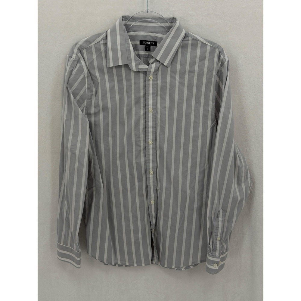 Express Shirt Men Medium Gray Stripe Button Up Long Sleeve Stretch Office Preppy